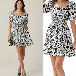 Aqua Black & White Floral Smocked Square-Neck Mini Dress